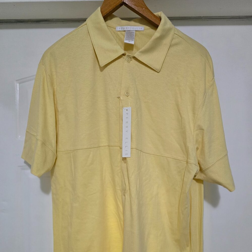 Perry Ellis Men's Shirt Yellow Short Sleeve Collared Button Cotton Rayon XL